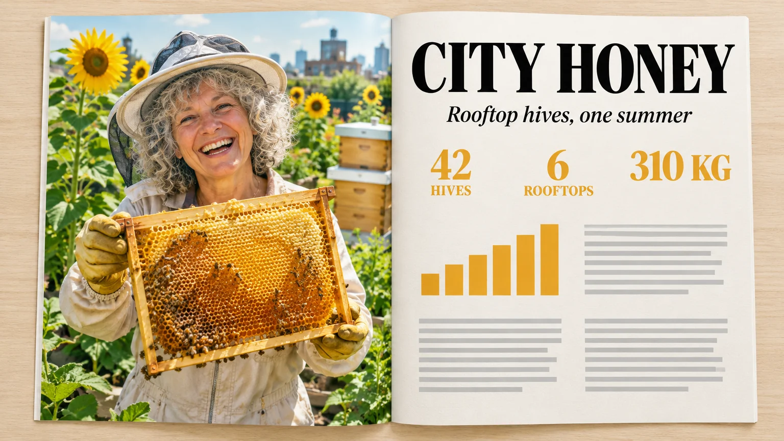 Two-page magazine spread: a laughing beekeeper holding a honeycomb frame among sunflowers on the left; the CITY HONEY headline, three amber stats and a small bar chart on the right