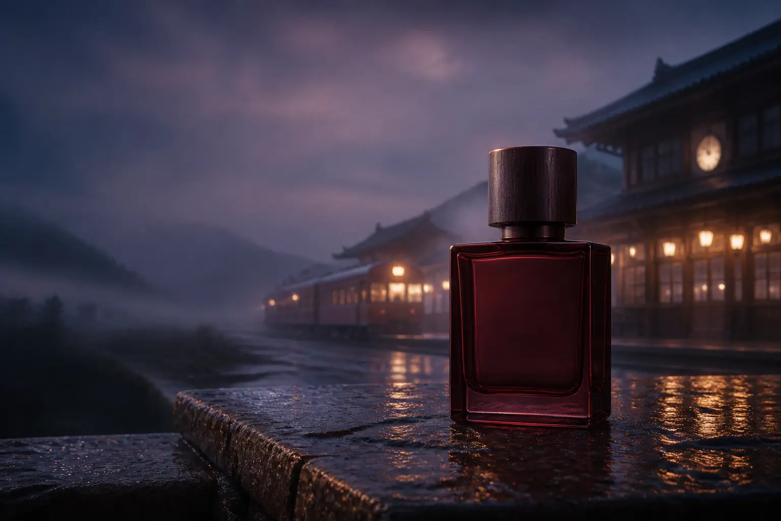 Blue-hour product scene with cinematic atmosphere