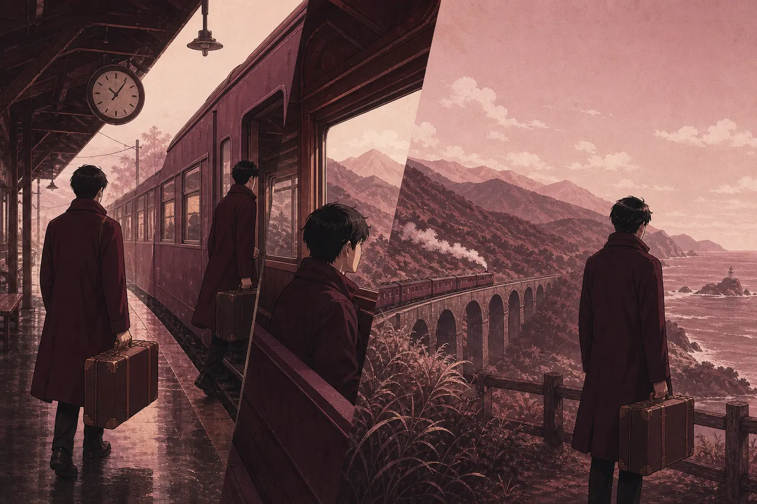 Train moving through a surreal cloud landscape