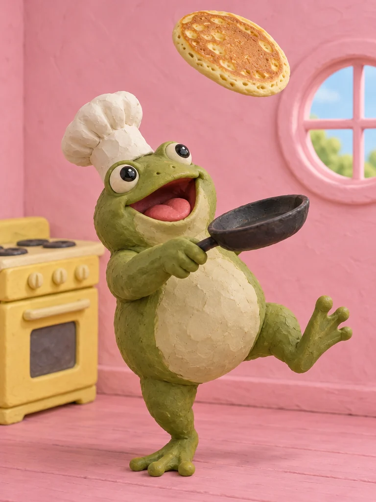 Clay frog chef tossing a pancake in a pastel pink kitchen