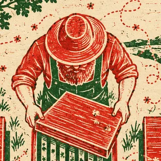 红绿双色版画中俯视养蜂人的局部