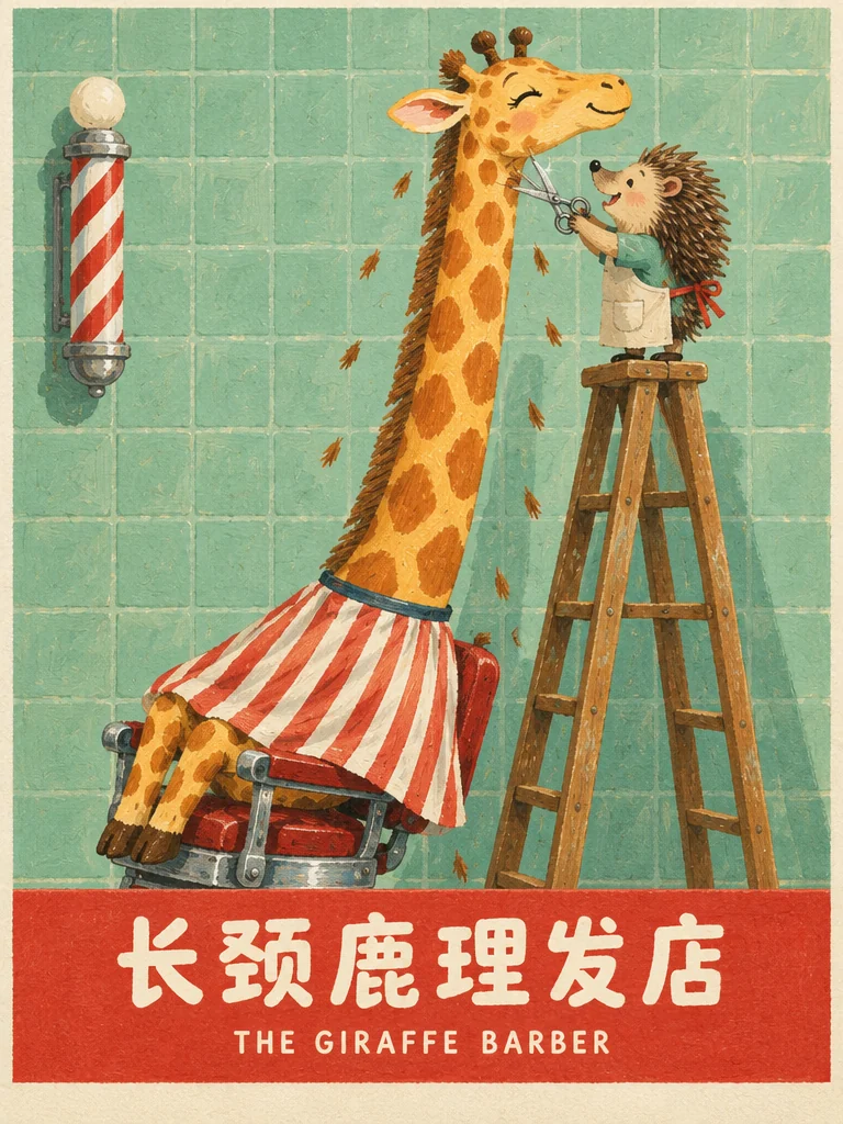 Retro poster of a giraffe in a barber chair while a hedgehog on a ladder trims its mane, titled 长颈鹿理发店 The Giraffe Barber