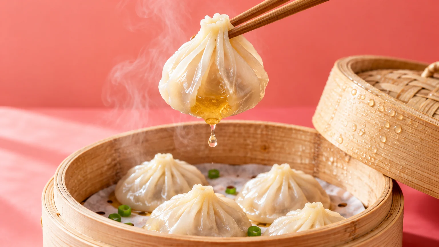 筷子从竹蒸笼里夹起半透明的小笼包,一滴汤汁正在落下,背景是珊瑚粉色桌面