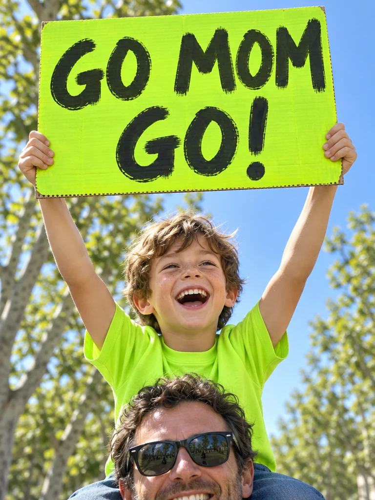 骑在爸爸肩上的男孩大喊着举起荧光绿纸牌,上面写着“GO MOM GO!”