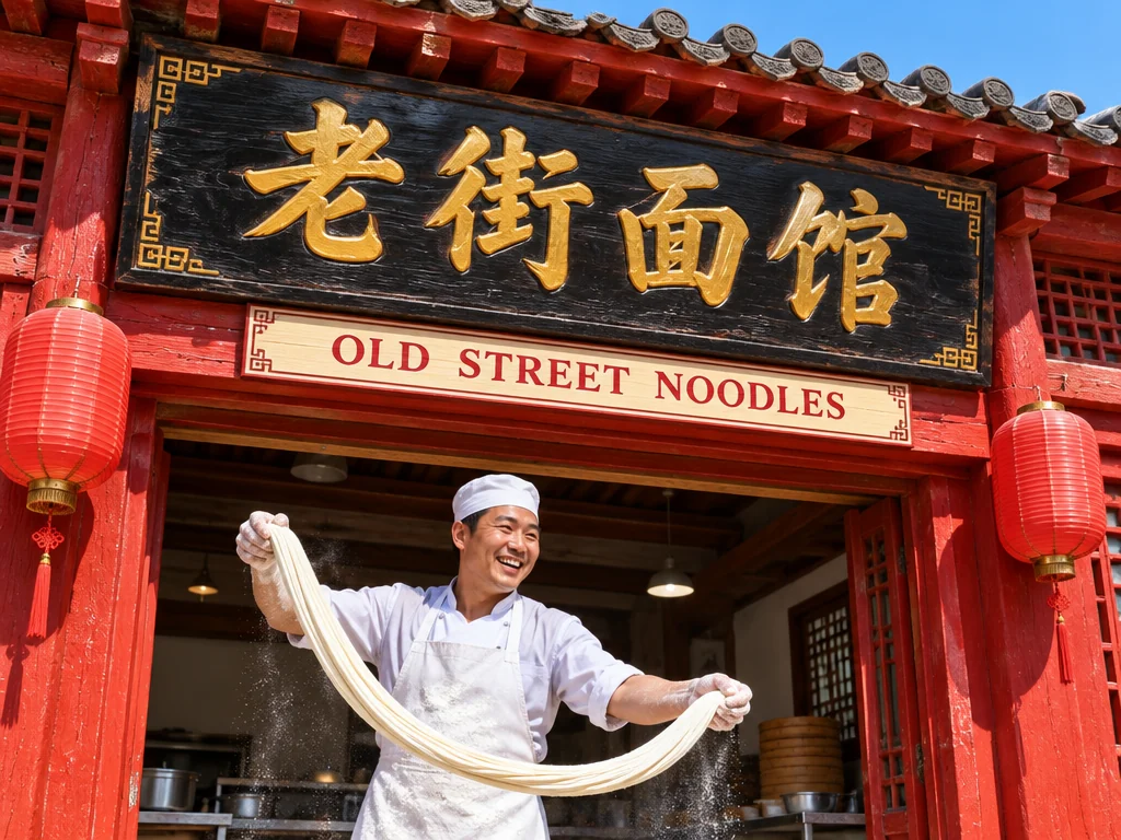 朱红色面馆门脸,黑漆金字招牌写着“老街面馆”,下方米色木牌写着“OLD STREET NOODLES”,师傅在门口抻面