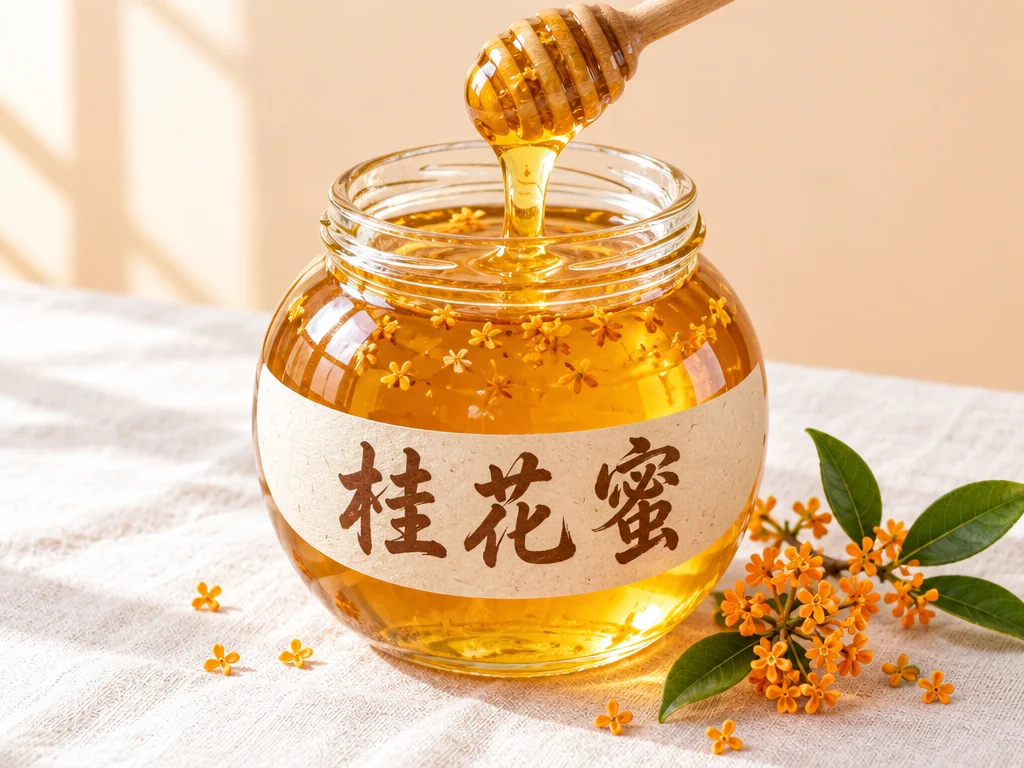 圆玻璃蜂蜜罐贴着弧形米色标签,写着“桂花蜜”,木勺上的蜂蜜垂落,旁边放着一枝桂花