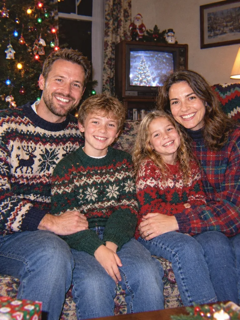 The same family in Christmas sweaters on a sofa in a 90s living room with a tree and an old TV, shot like a disposable camera