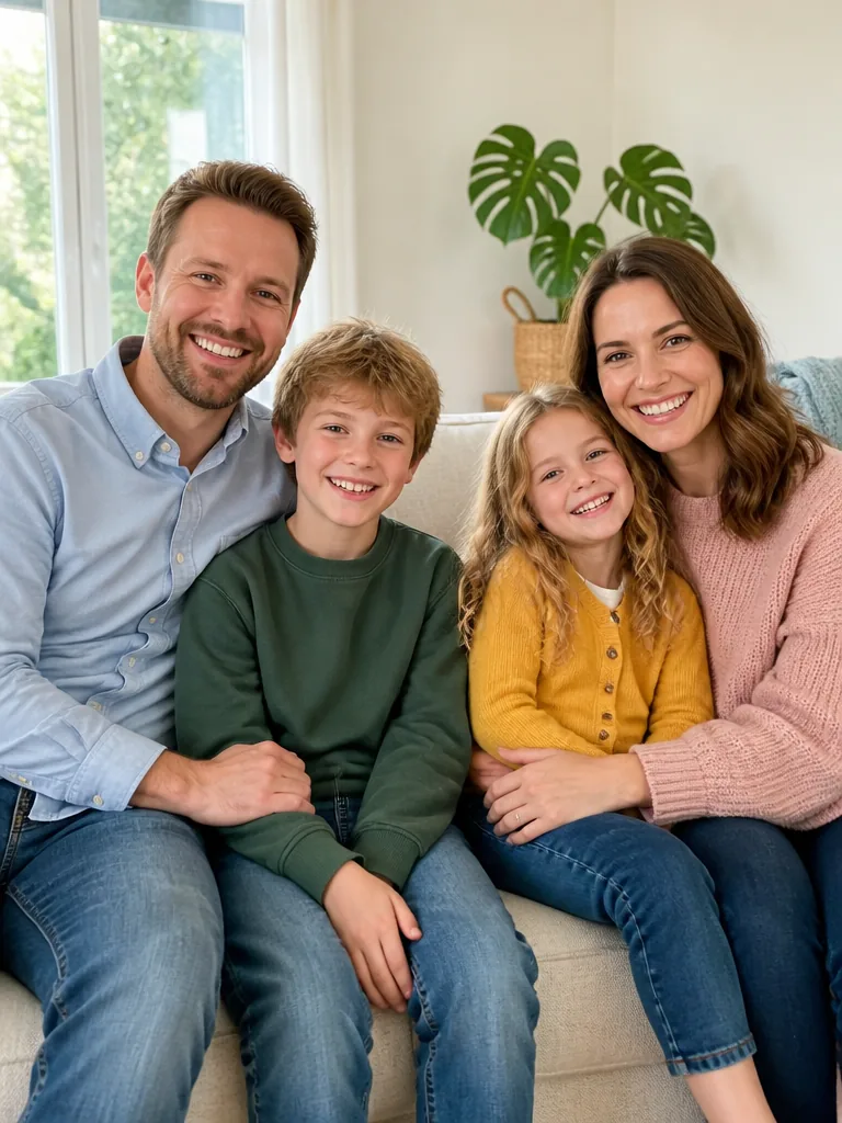 A family of four smiling on a sofa in a bright modern living room