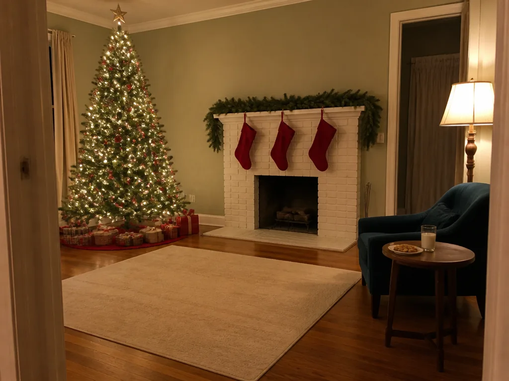 An empty living room with a Christmas tree, a fireplace with stockings and an armchair
