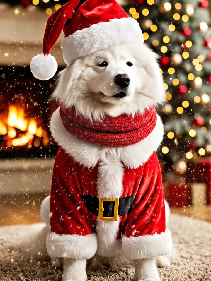 Example Christmas photo: a white fluffy dog in a Santa suit and hat sitting on a rug by a fireplace and a lit tree