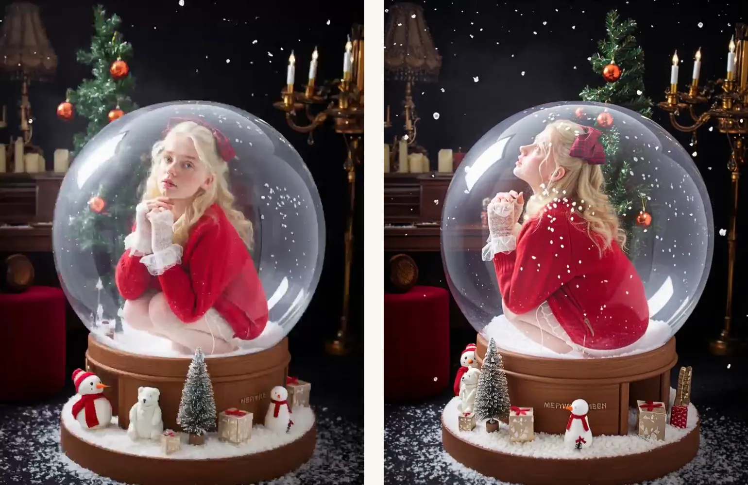 First and last frame of a snow globe clip: a young woman in a red sweater sits inside the globe, then looks up as snow drifts around her