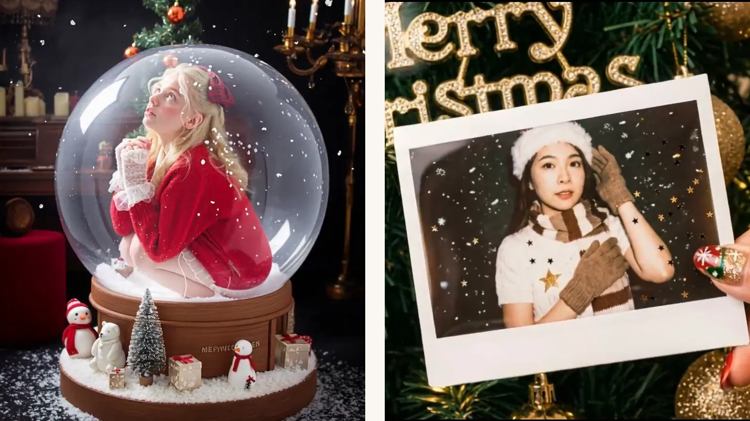 A young woman in a red sweater inside a snow globe on a candlelit table, next to a printed photo with gold stars drifting over it