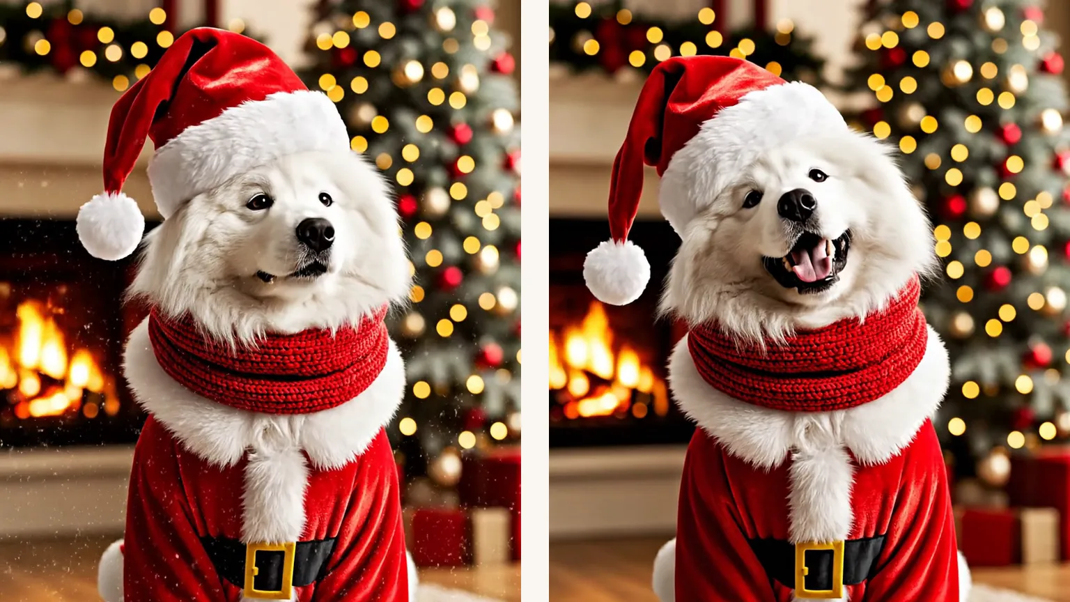 Two frames of a white fluffy dog in a Santa suit and hat by a fireplace and lit tree, first calm, then panting with a big smile