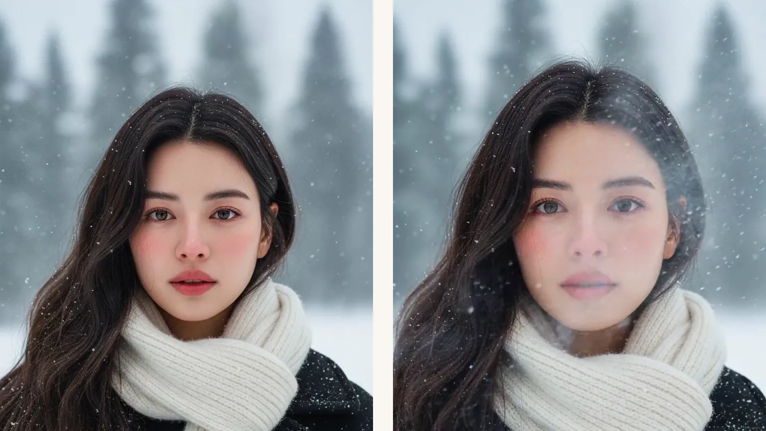 Two frames of a woman in a white scarf in a snowy pine forest: snow falling around her, then her breath showing in the cold air