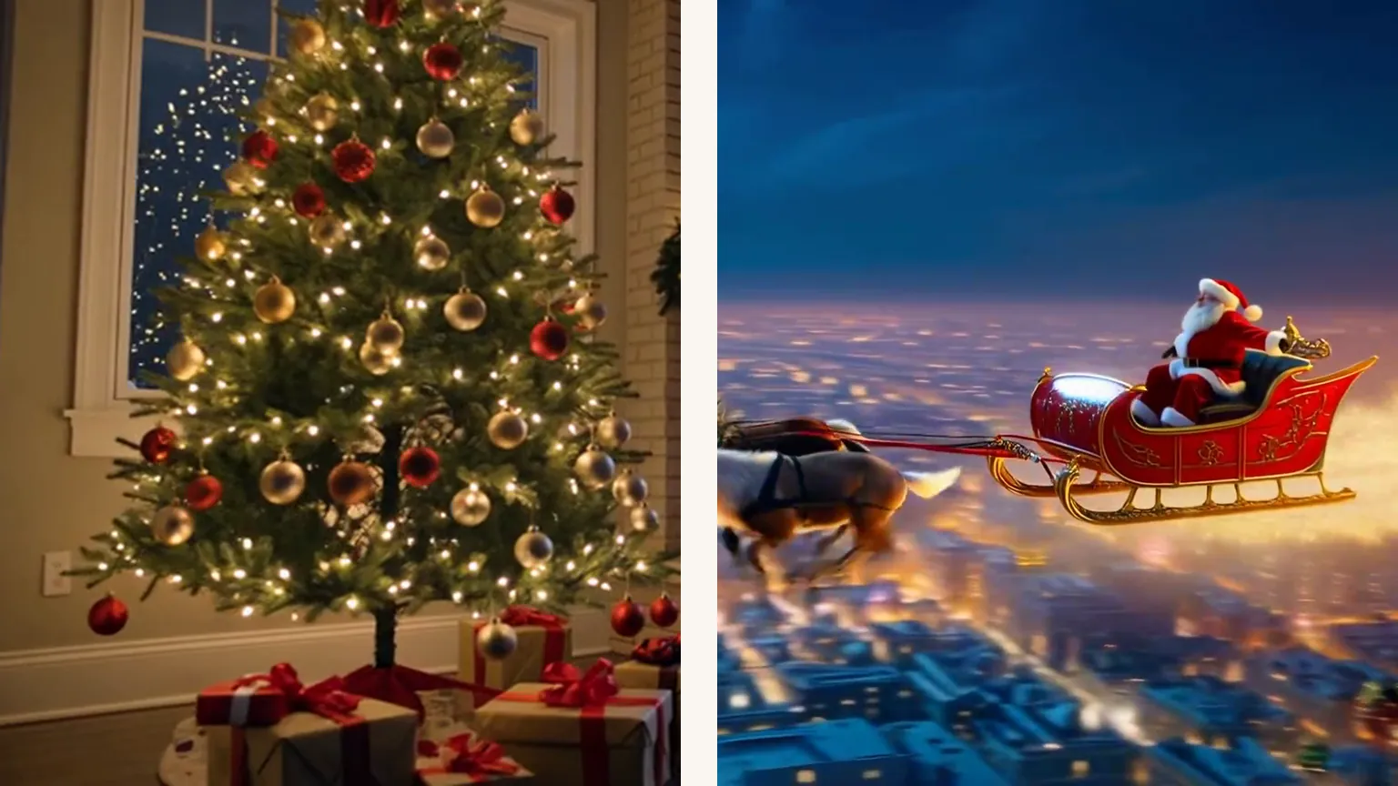 A Christmas tree full of twinkling lights beside a window, and a reindeer sleigh flying over a city at night