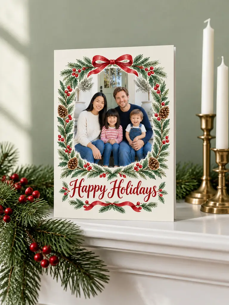 The watercolor wreath Happy Holidays card printed and standing on a white mantel with pine garland
