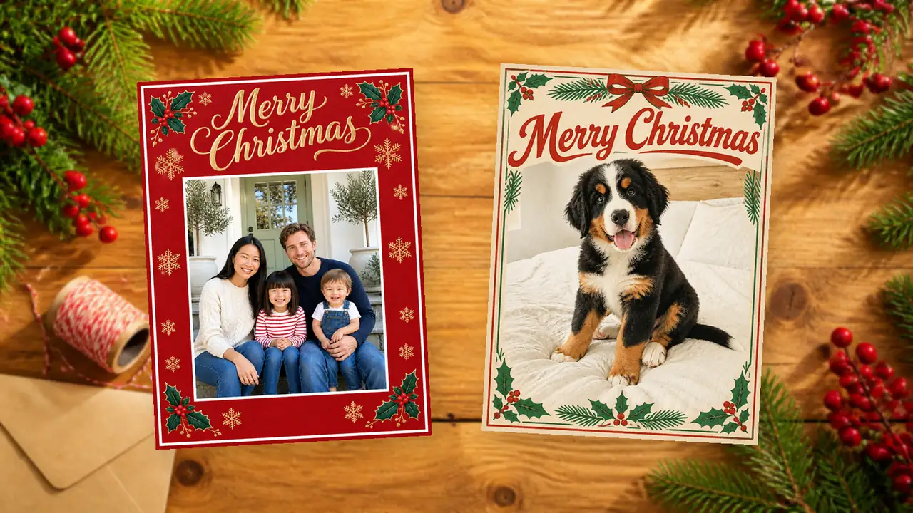 Two finished cards on a wooden table with pine and holly: a red Merry Christmas card with a family of four and a cream vintage postcard with a Bernese puppy