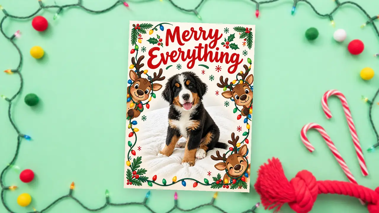 A Merry Everything card on mint paper: a Bernese puppy framed by cartoon reindeer tangled in colorful string lights