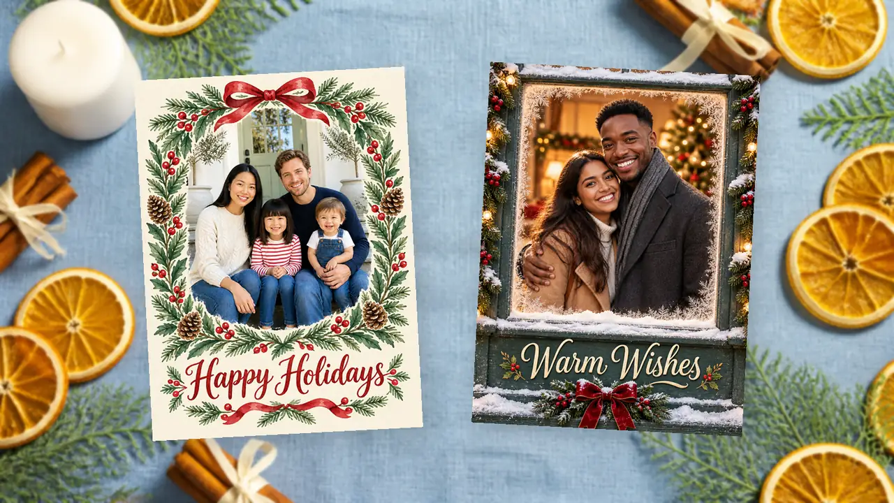 Two finished cards on blue linen with dried orange slices: a watercolor wreath Happy Holidays card with a family and a frosty window Warm Wishes card with a couple