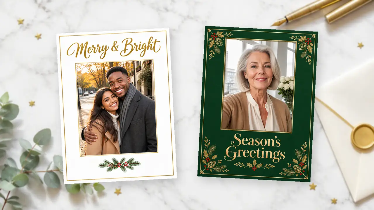 Two finished cards on white marble with eucalyptus: a white Merry & Bright card with a couple and a deep green Season's Greetings card with a woman's portrait