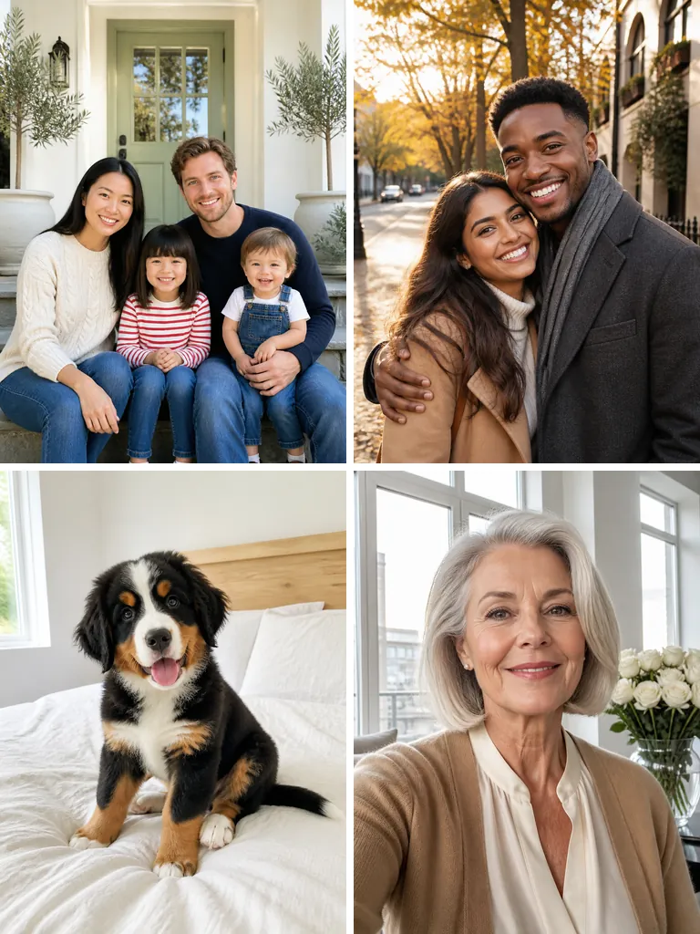 Four example photos: a family of four on a sunny porch, a couple on an autumn street, a Bernese puppy on a bed and a silver-haired woman in her sixties at home