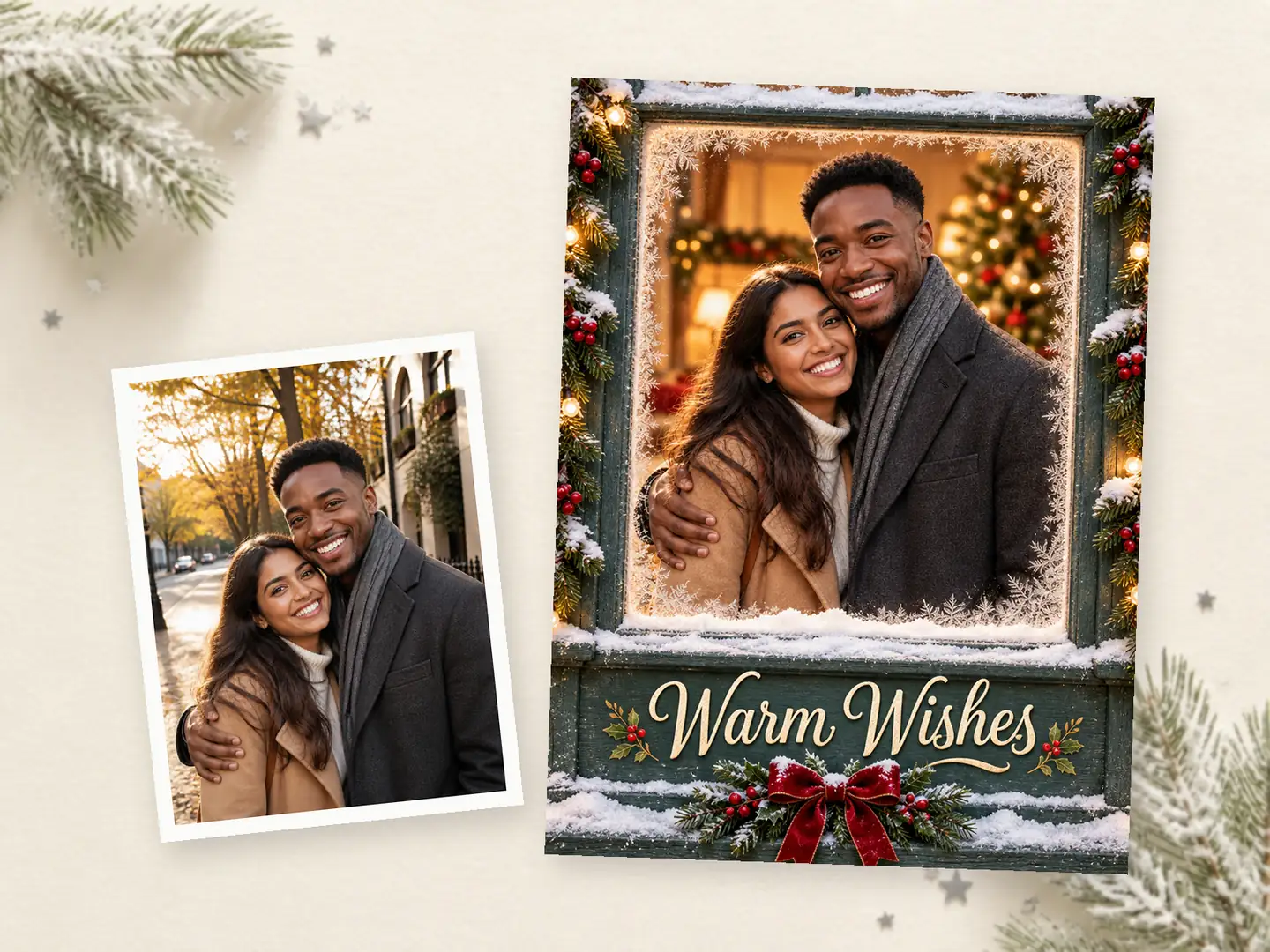 A couple's photo on an autumn street next to the Warm Wishes card made from it, the same two people framed by a frosty window with snow on the sill
