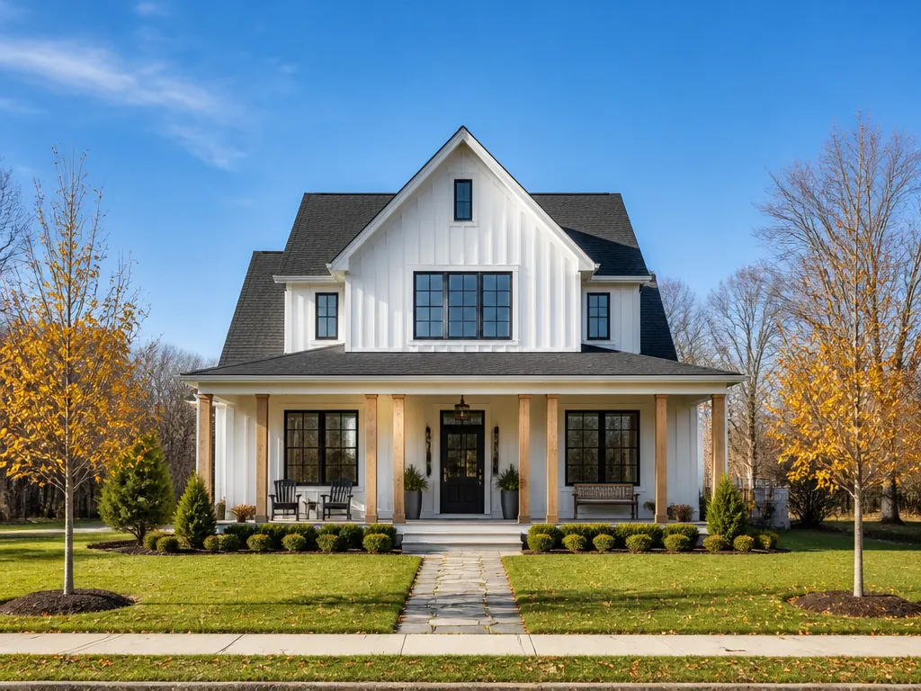 A white farmhouse with a front porch on a sunny autumn day