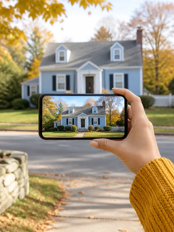 Hand holding a phone sideways on the sidewalk, framing the whole front of a pale-blue house across the street