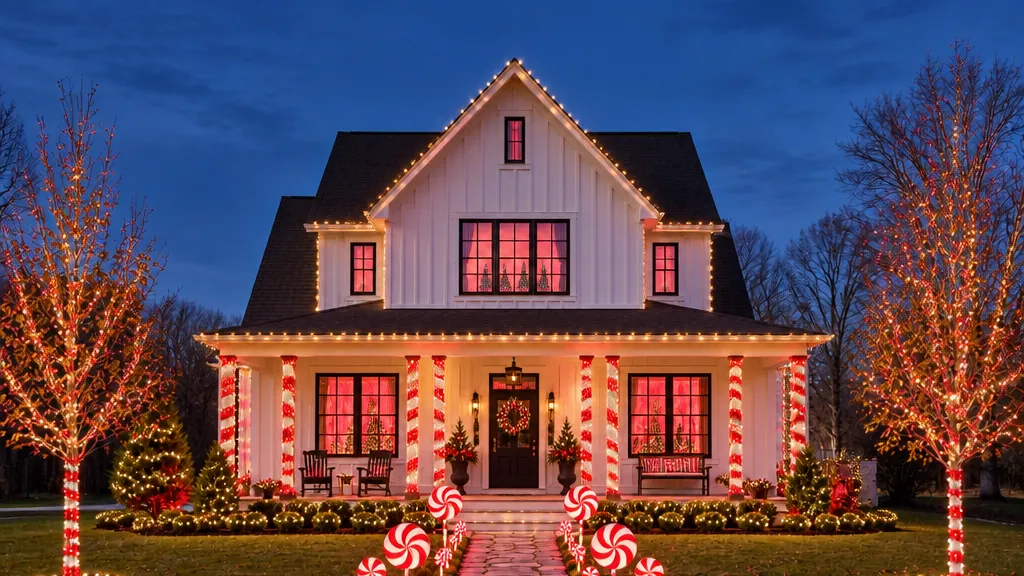 The same farmhouse at dusk with red-and-white striped porch posts, giant glowing peppermints and lollipops along the path and pink-red windows