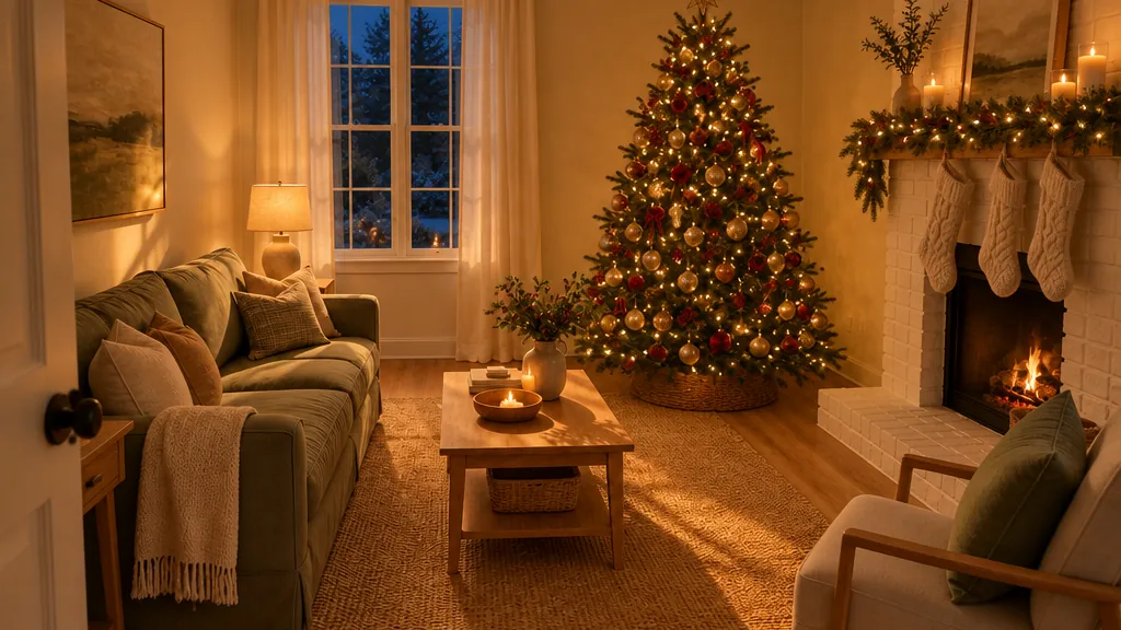 Living room in the evening with a lit Christmas tree by the window, stockings and a lit garland on the fireplace mantel and warm lamplight