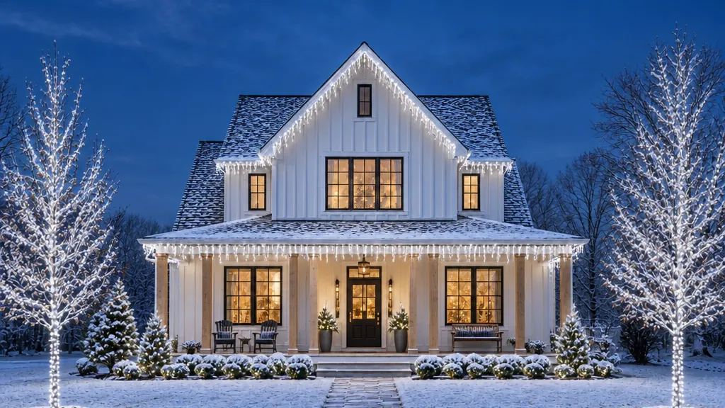 The same farmhouse at dusk with white icicle lights along every eave, white-lit trees and a thin layer of snow on the roof and lawn