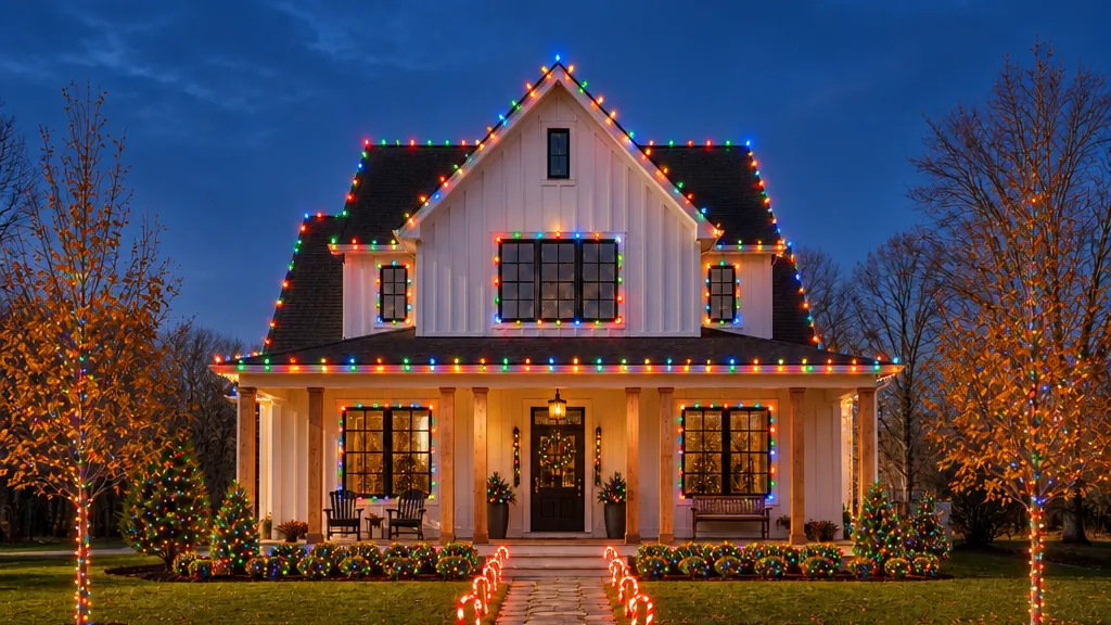 The same farmhouse at dusk with red, green, blue and orange bulbs on the roof and windows, colored lights on the shrubs and candy-cane markers along the path