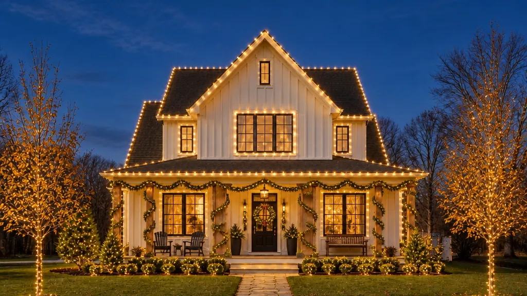 White farmhouse at dusk with warm-white lights outlining the roof, gable and windows, a lit wreath on the door and garland on the porch
