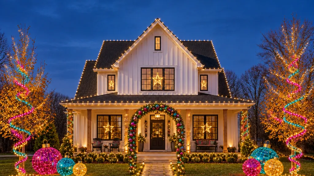 The same farmhouse at dusk with giant magenta, teal and gold ornaments on the lawn, spiral lights in the trees, star window lights and a lit arch over the path
