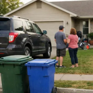 House front blocked by a parked SUV, two trash bins and two people on the lawn