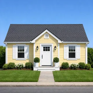 Butter-yellow cottage photographed straight on from across the street, the whole roof and front yard in frame