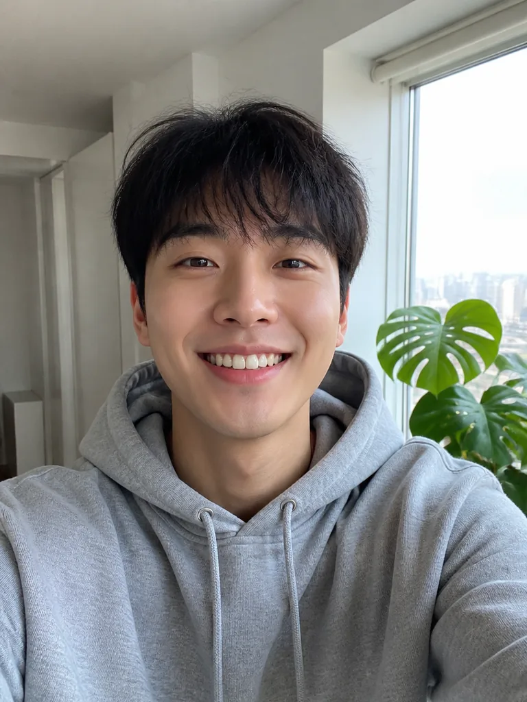 Selfie of a young man in a grey hoodie
