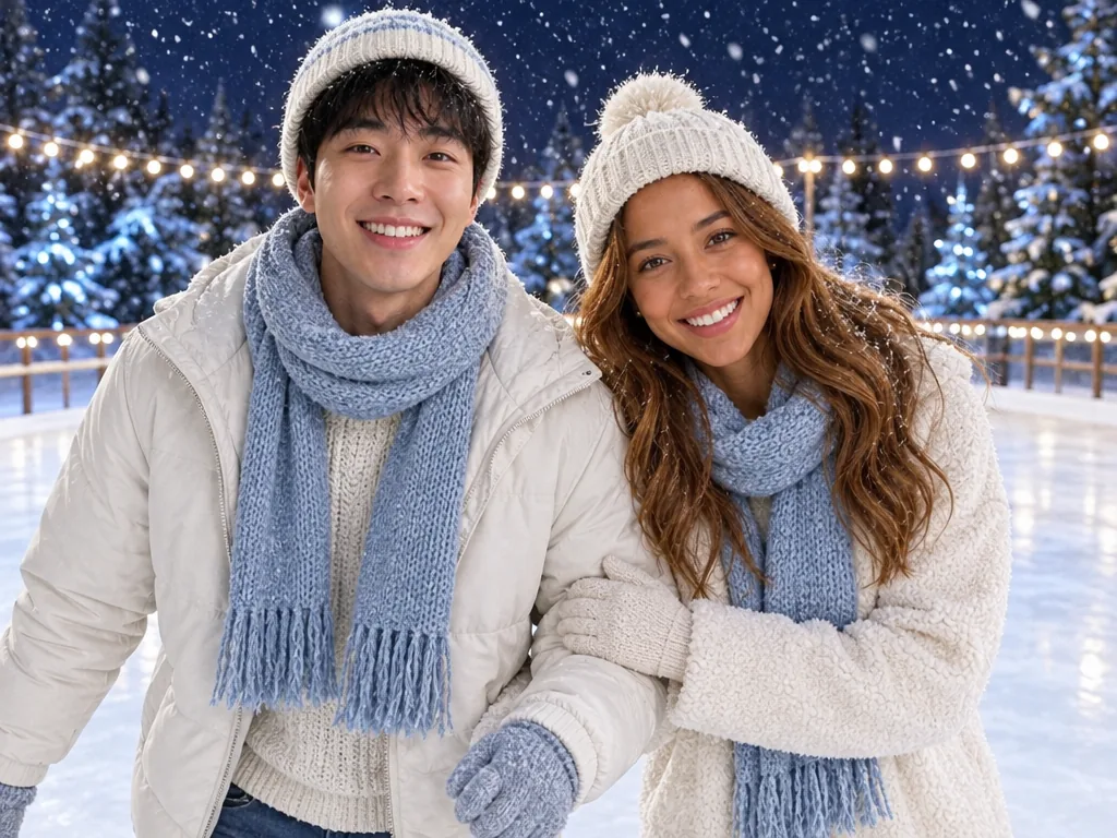 The two of them side by side at a night ice rink in white winter jackets, beanies and blue scarves, string lights and snow behind them