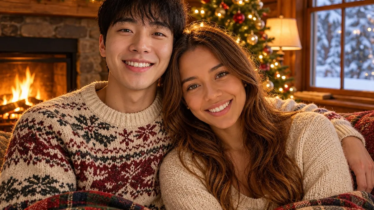 Couple under a plaid blanket by a cabin fireplace next to a lit Christmas tree