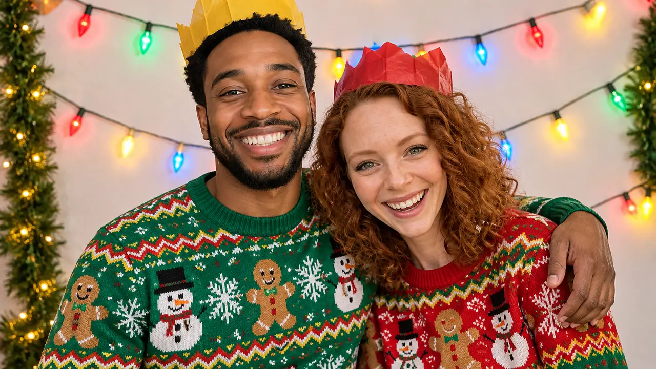 Young couple in clashing ugly Christmas sweaters and paper crowns laughing at a holiday party