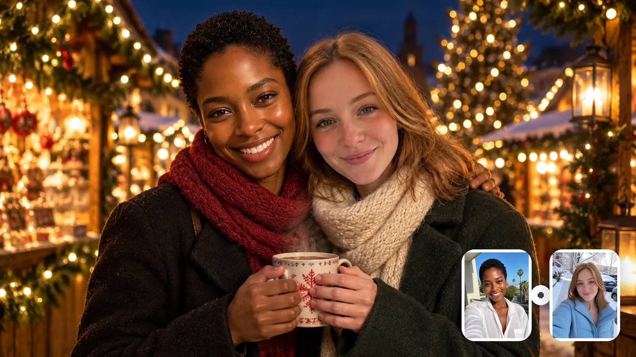 Two women sharing a steaming mug at a Christmas market at night, with their solo selfies from a sunny balcony and a snowy street as small cards