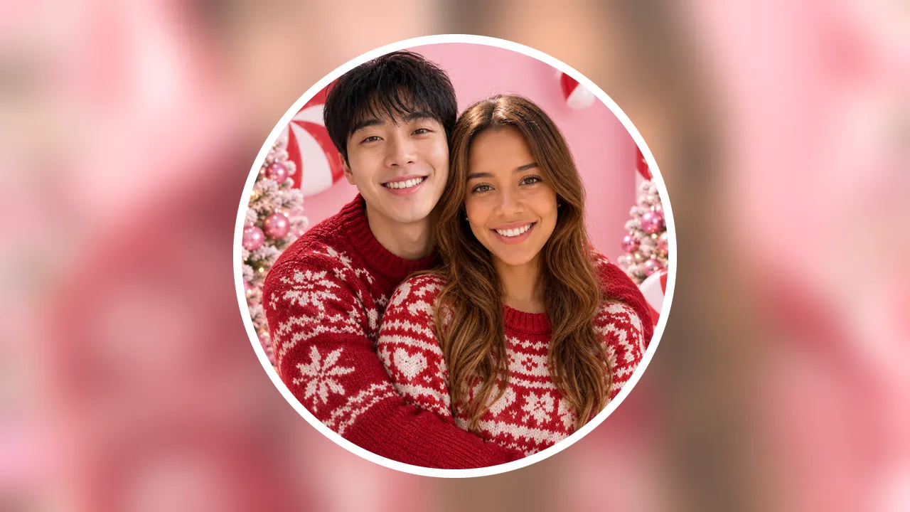 Square candy-cane studio portrait of a couple in red and white, shown as a round profile picture