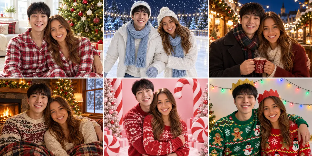 The same couple in six Christmas scenes: matching red-and-white plaid pajamas by the tree, an ice rink at night, a Christmas market, a cabin fireplace, a candy-cane studio and ugly sweaters with paper crowns