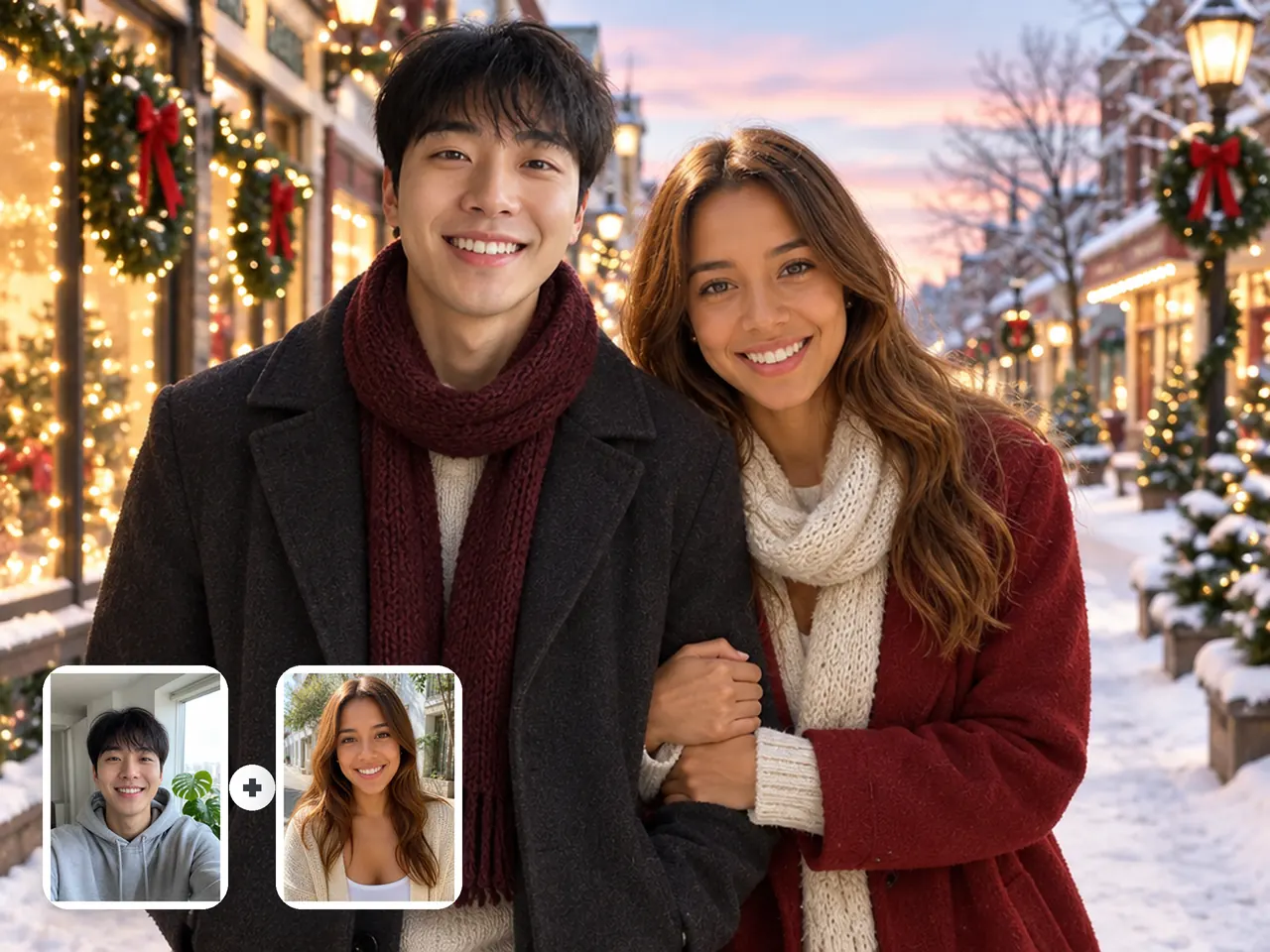 Solo photos of a young man by a window and a young woman on a sunny street, shown as small cards on their Christmas couple photo arm in arm on a snowy street of lit shop windows at dusk