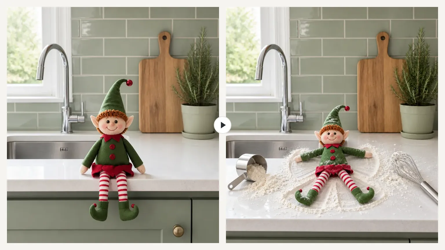 Left, the real kitchen counter with the elf doll and no mess; right, the picture with the doll lying in a flour snow angel