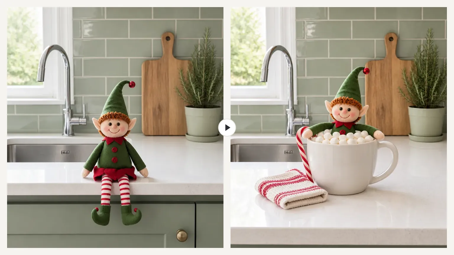Left, an elf doll in a green felt tunic on a kitchen counter; right, the same doll lounging in a mug of mini marshmallows