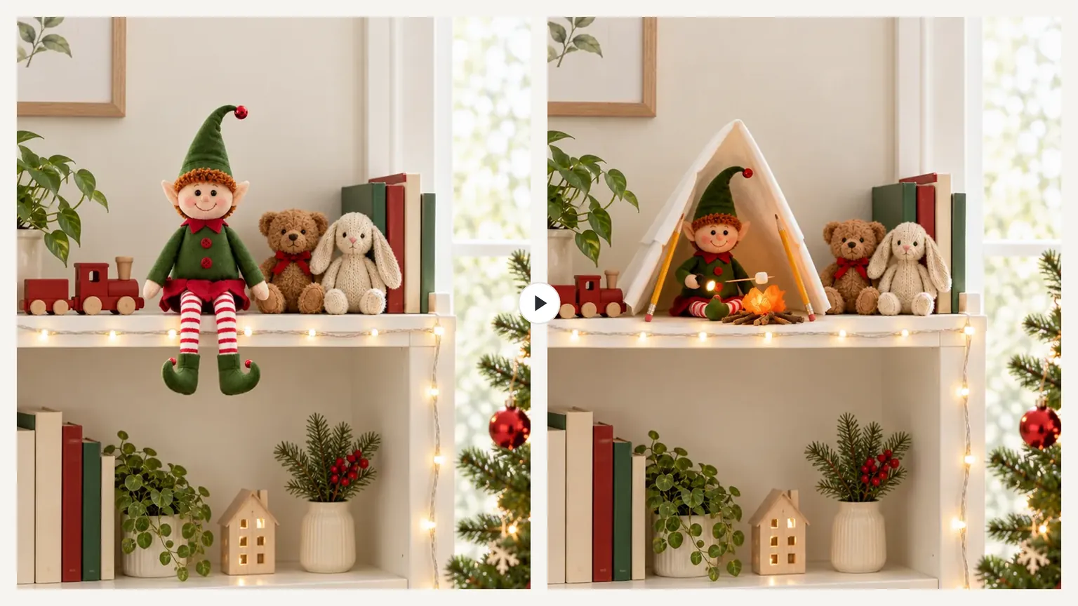 Left, the elf doll on a bookshelf with fairy lights and toys; right, the same shelf with the doll camping under a tissue tent