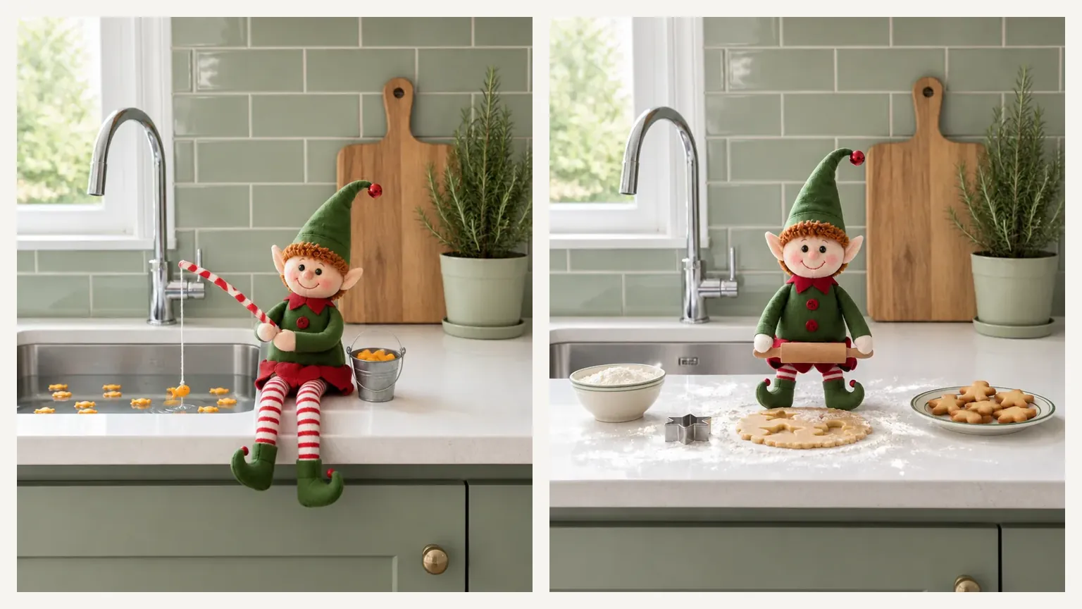 Two counter scenes side by side: the elf doll fishing for orange crackers in the sink and caught mid-bake with tiny cookies