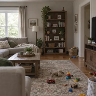 A wide living-room photo with the elf doll tiny on a far shelf