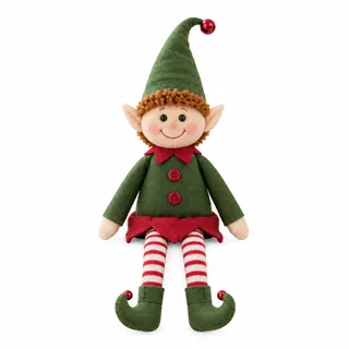 The elf doll sitting upright on a white background, fully in frame